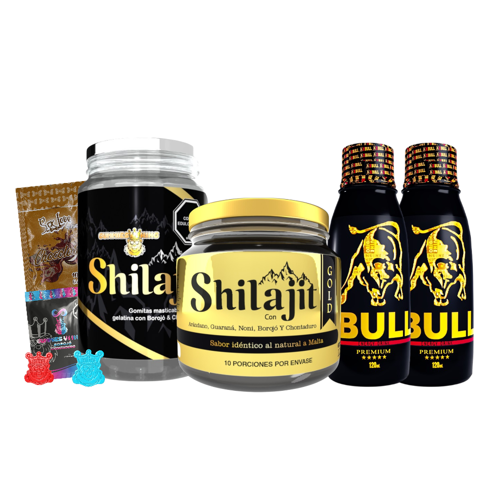 Shilajit goma + shilajit gold + X2 xbull 120ml + Sachet gummies + Sachet cherry
